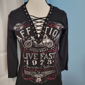 Affliction Black and Red Lace-Up Graphic Top